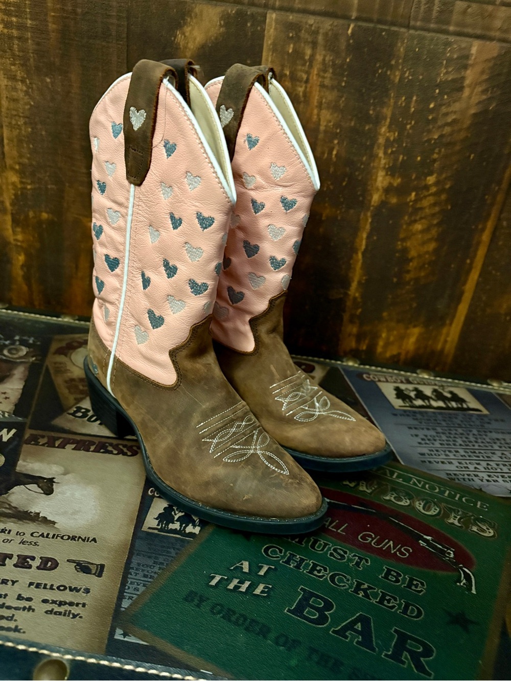 Old West Pink and Brown Heart Motif Girls Western Boots